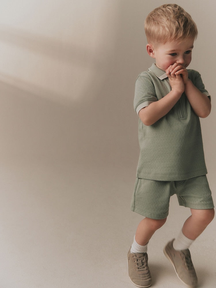 Sage Green Zip Neck Short Sleeve Polo Shirt And Shorts Set (3mths-7yrs)