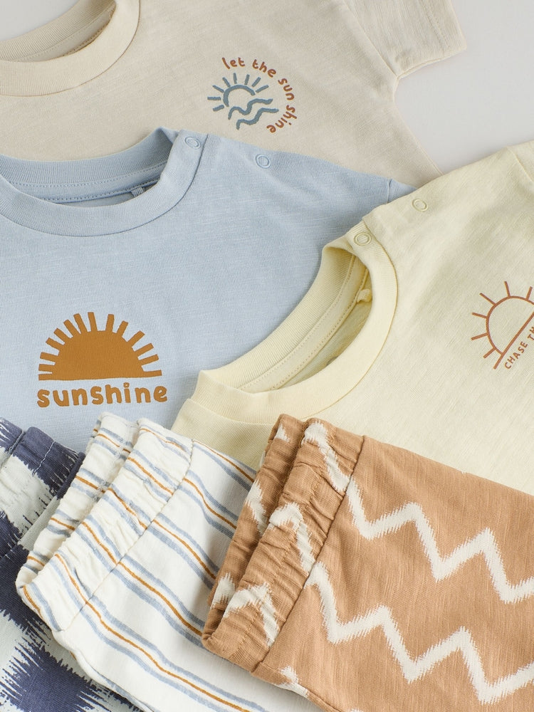 Grey/Blue Wave Print Tops and Shorts Baby Set 6 Piece (0mths-2yrs)