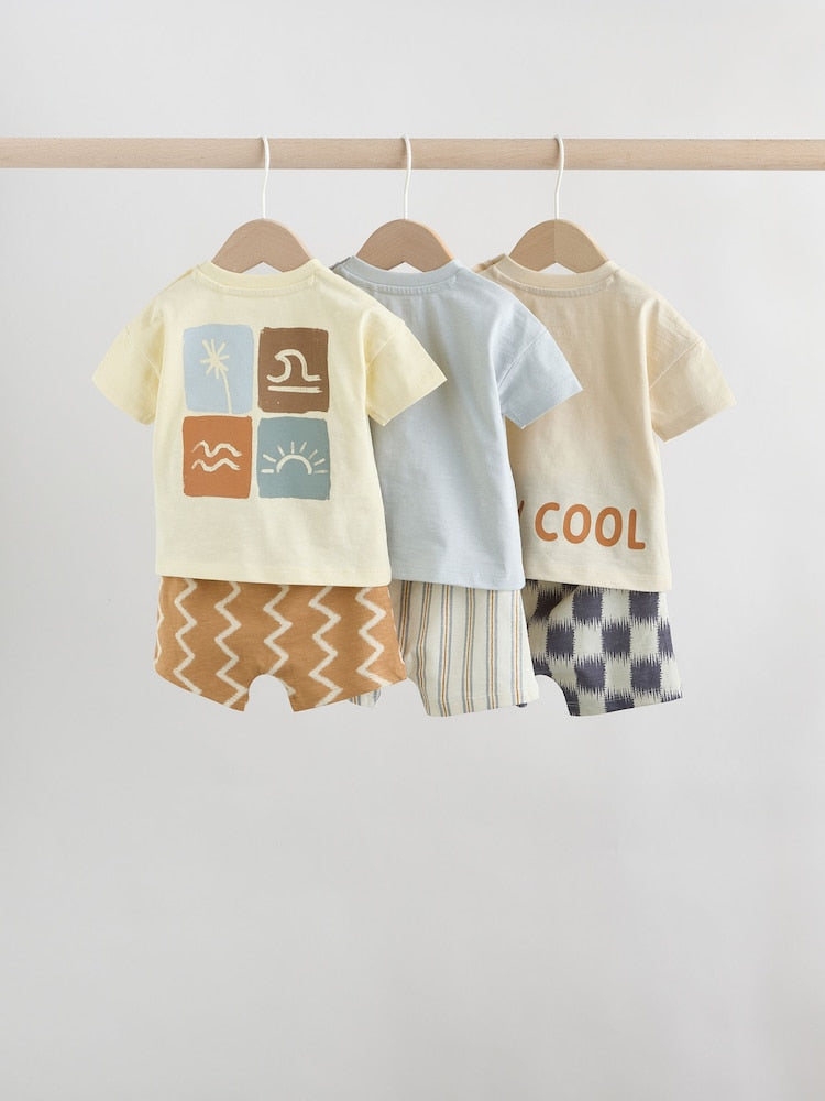 Grey/Blue Wave Print Tops and Shorts Baby Set 6 Piece (0mths-2yrs)