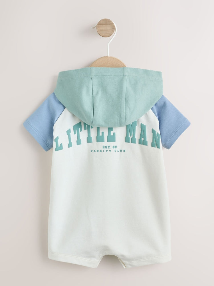 Blue "Little Man" Single Hooded Jersey Baby Rompers