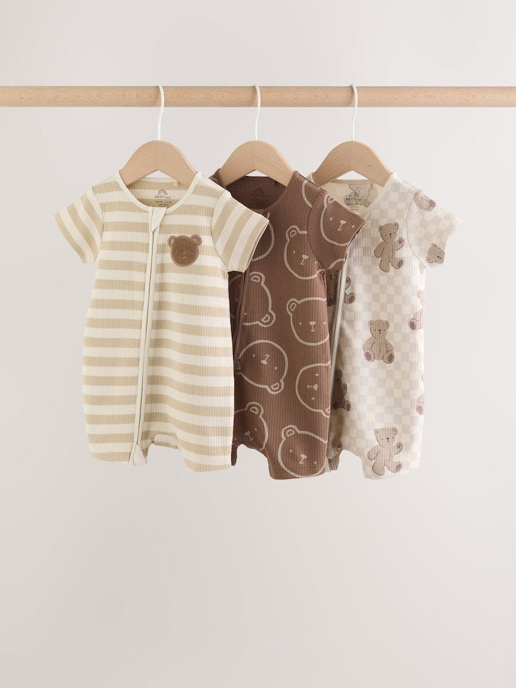 Brown Two Way Zip Baby Rompers 3 Pack (0mths-3yrs)