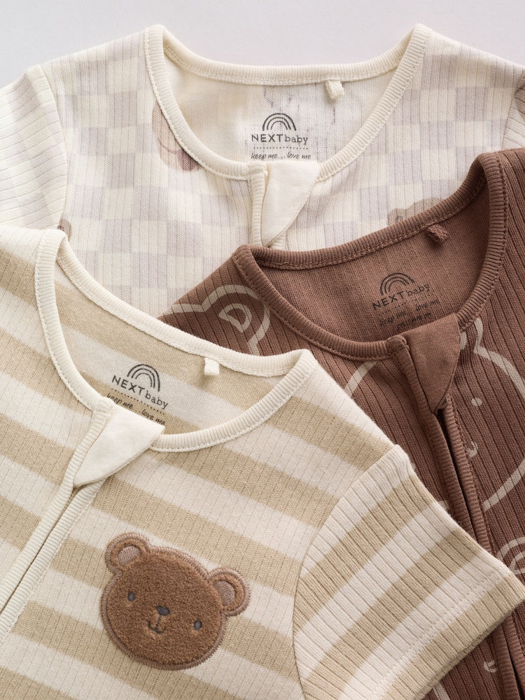 Brown Two Way Zip Baby Rompers 3 Pack (0mths-3yrs)