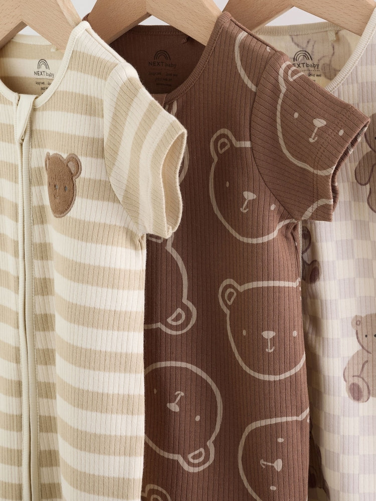 Brown Two Way Zip Baby Rompers 3 Pack (0mths-3yrs)