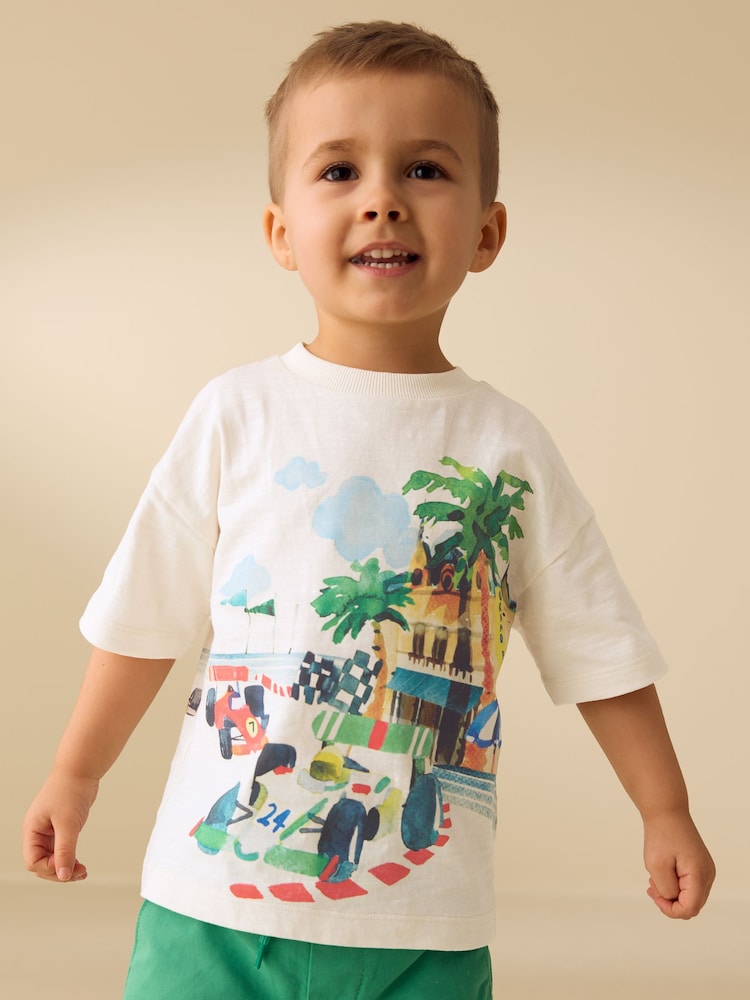 Cream Watercolour Race Car Scene Short Sleeve Back Print T-Shirt (3mths-7yrs)