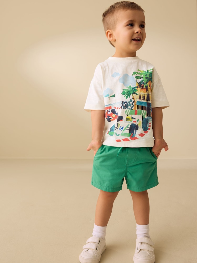 Cream Watercolour Race Car Scene Short Sleeve Back Print T-Shirt (3mths-7yrs)