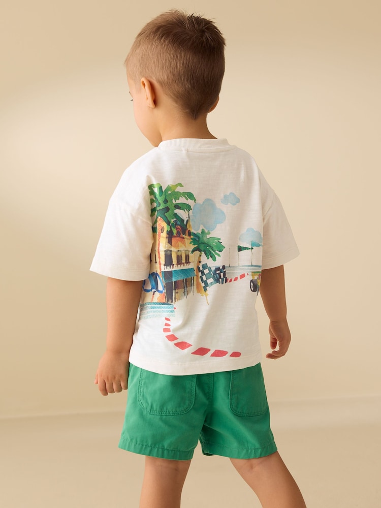 Cream Watercolour Race Car Scene Short Sleeve Back Print T-Shirt (3mths-7yrs)