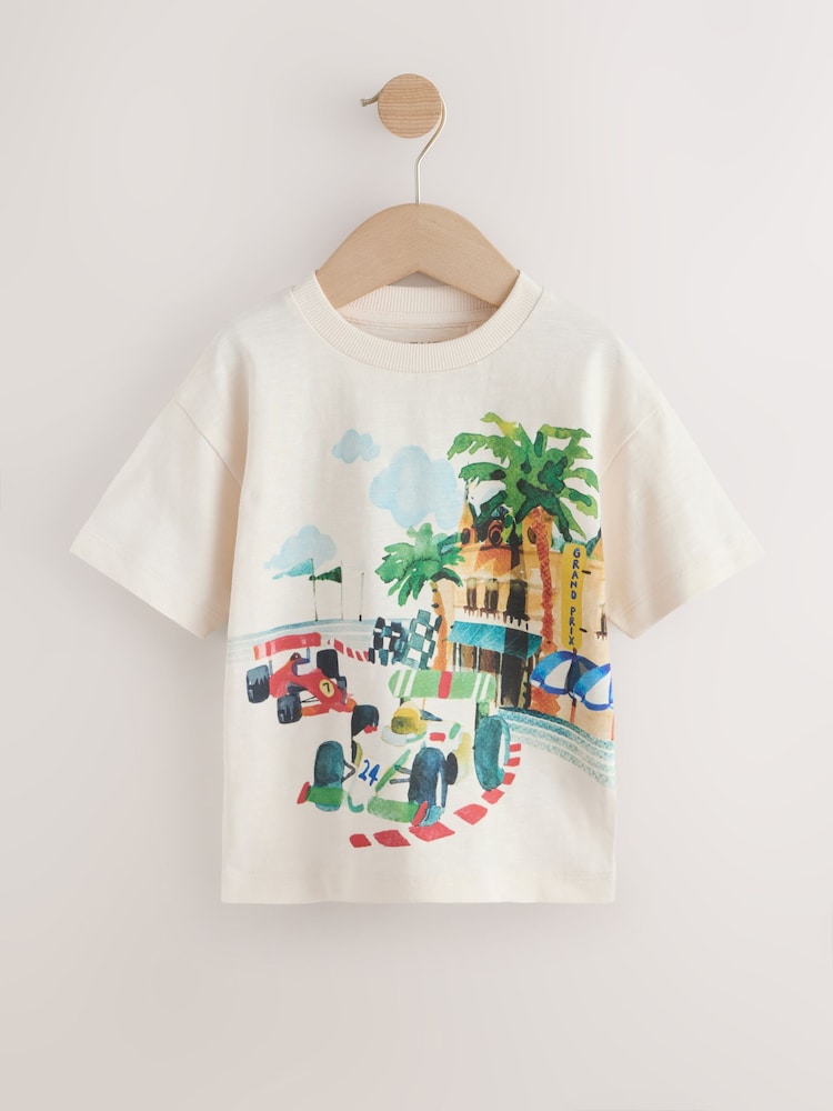 Cream Watercolour Race Car Scene Short Sleeve Back Print T-Shirt (3mths-7yrs)