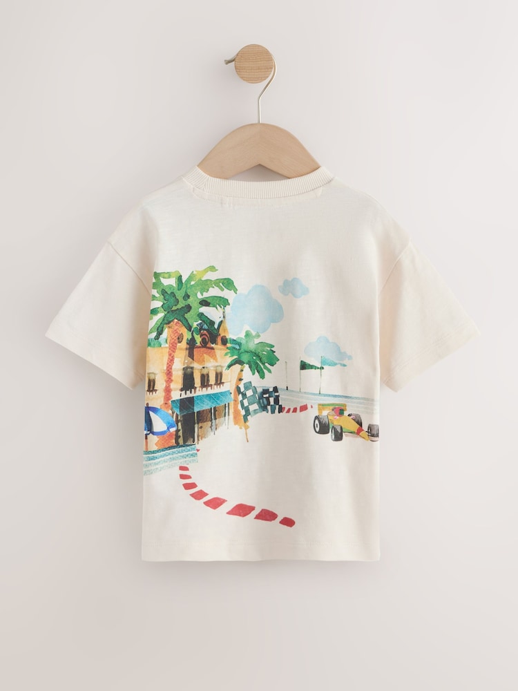 Cream Watercolour Race Car Scene Short Sleeve Back Print T-Shirt (3mths-7yrs)