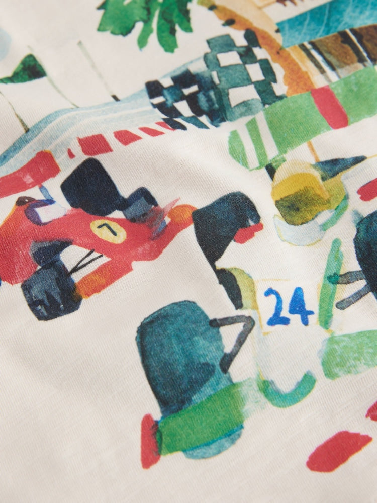 Cream Watercolour Race Car Scene Short Sleeve Back Print T-Shirt (3mths-7yrs)