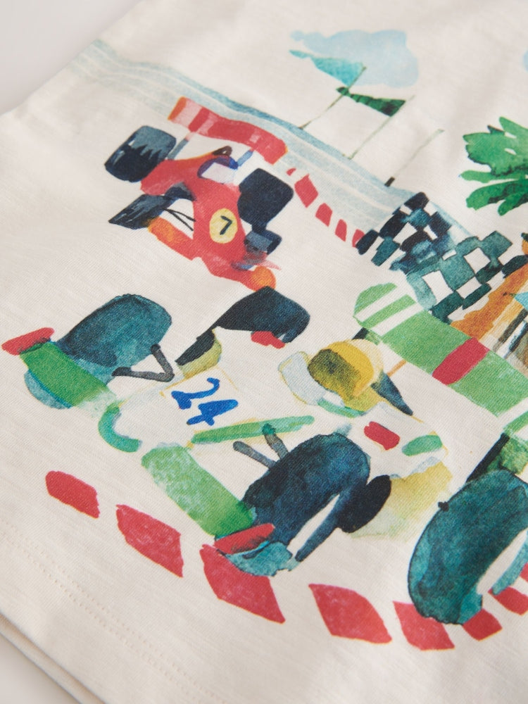 Cream Watercolour Race Car Scene Short Sleeve Back Print T-Shirt (3mths-7yrs)