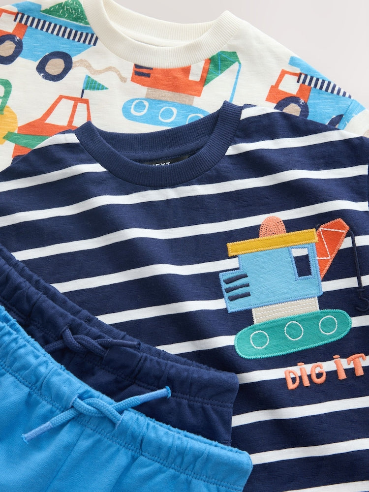 Blue/White Digger Short Sleeve T-Shirt and Shorts Set 2 Pack (3mths-7yrs)