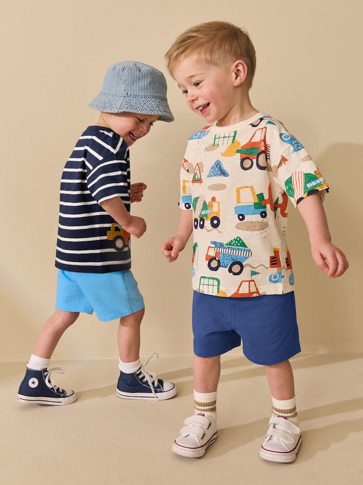 Blue/White Digger Short Sleeve T-Shirt and Shorts Set 2 Pack (3mths-7yrs)