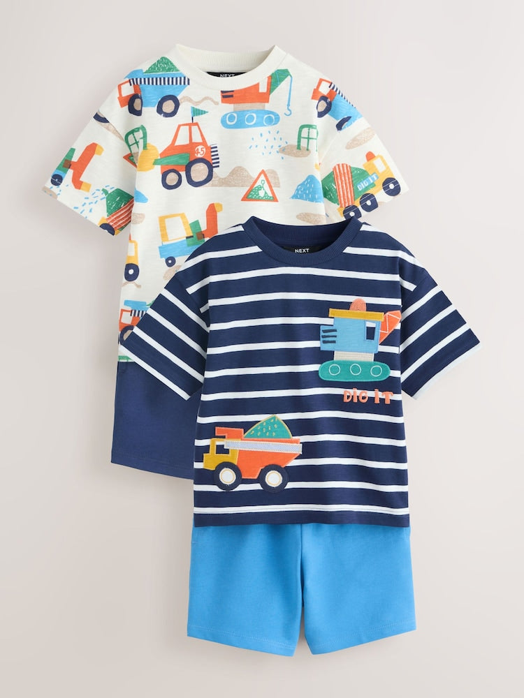 Blue/White Digger Short Sleeve T-Shirt and Shorts Set 2 Pack (3mths-7yrs)