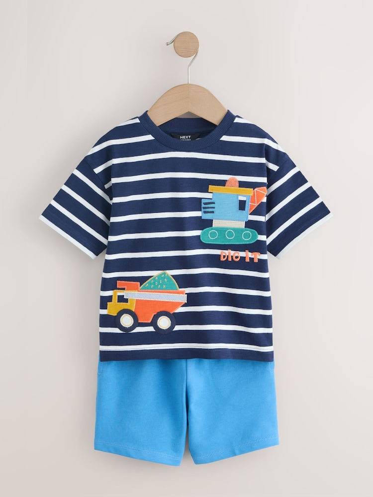 Blue/White Digger Short Sleeve T-Shirt and Shorts Set 2 Pack (3mths-7yrs)