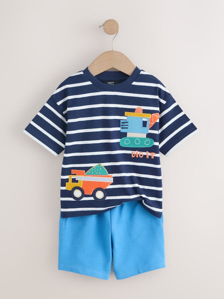 Blue/White Digger Short Sleeve T-Shirt and Shorts Set 2 Pack (3mths-7yrs)