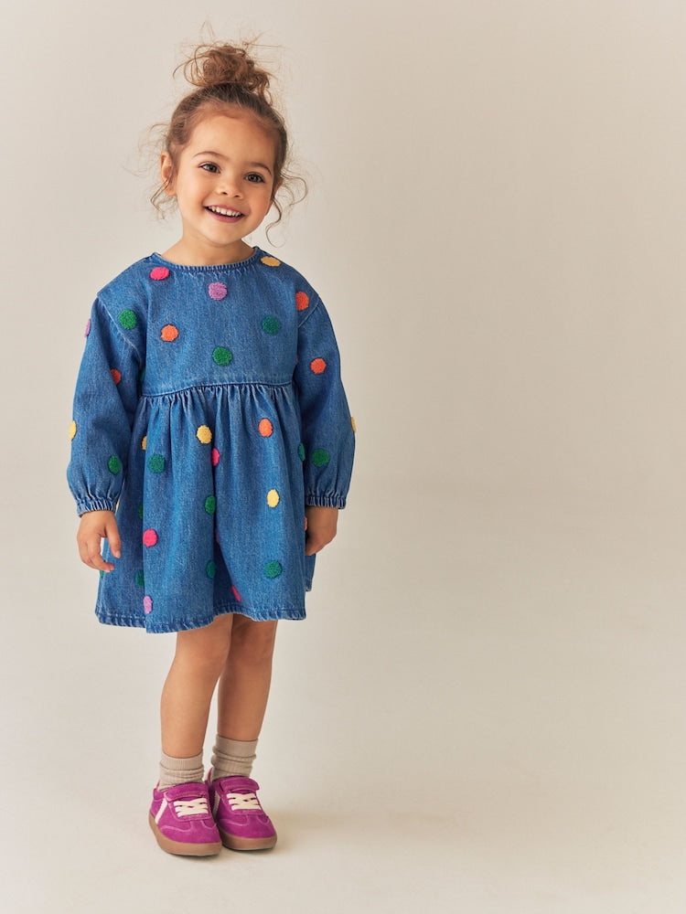 Blue Denim Long Sleeve Boucle Spot Dress (3mths-8yrs) - Blue Denim Long Sleeve Boucle Spot / 12-18 Months (80-86cm)