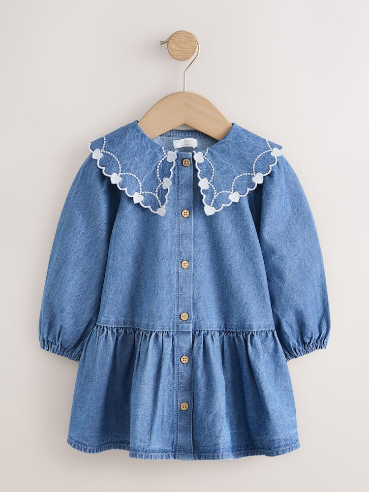 Blue Denim Long Sleeve Embroidered Collar