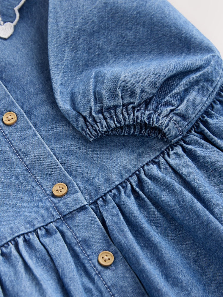 Blue Denim Long Sleeve Embroidered Collar
