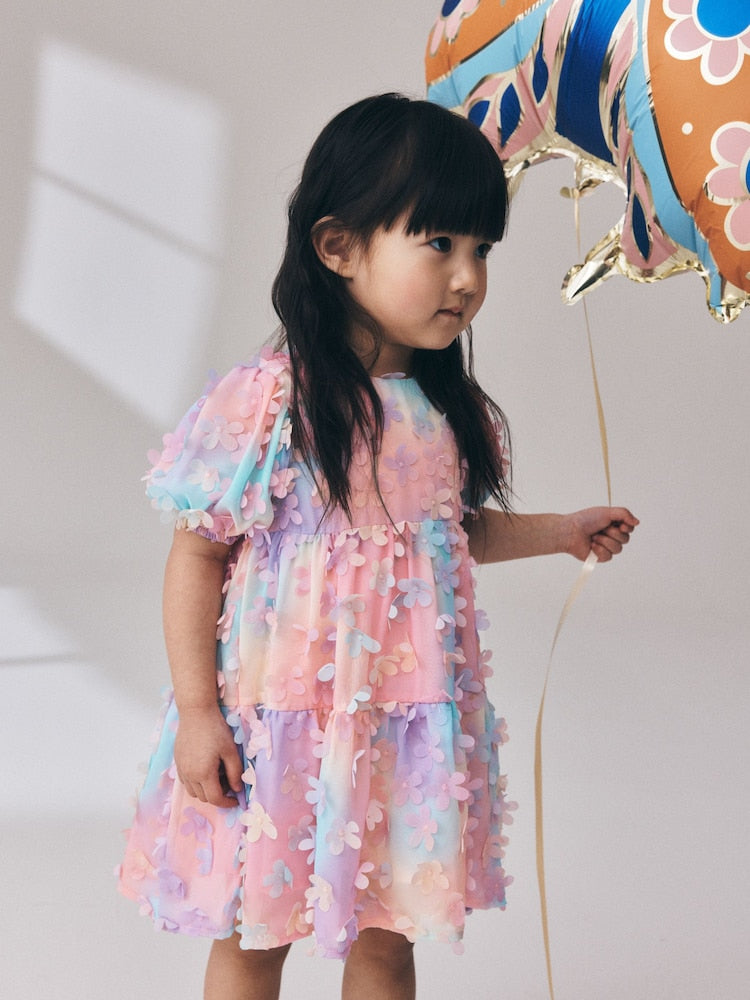 Rainbow Short Sleeve 3D Flowers Dress (3mths-8yrs)