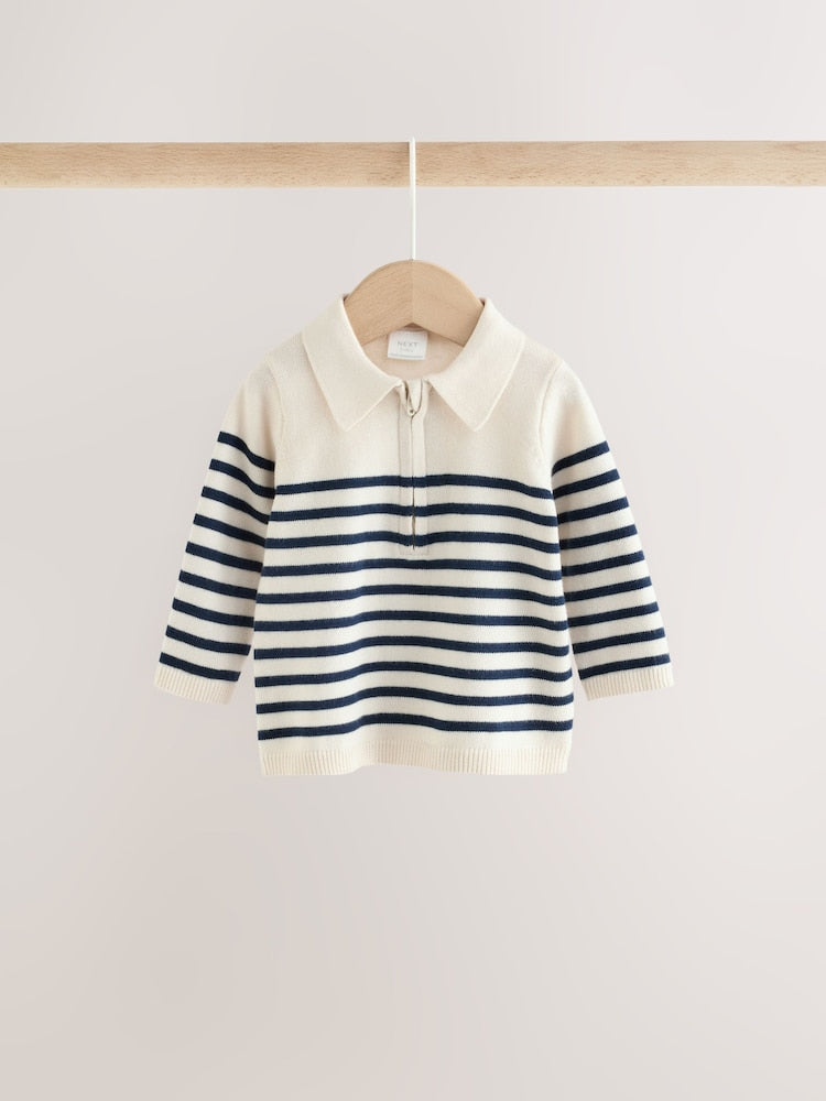 Blue/Cream Stripe Baby Collared Knitted Top and Trousers Set (0mths-2yrs)