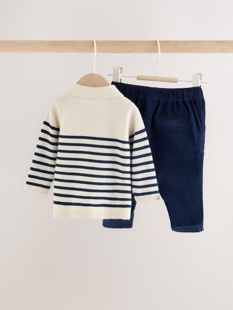 Blue/Cream Stripe Baby Collared Knitted Top and Trousers Set (0mths-2yrs)