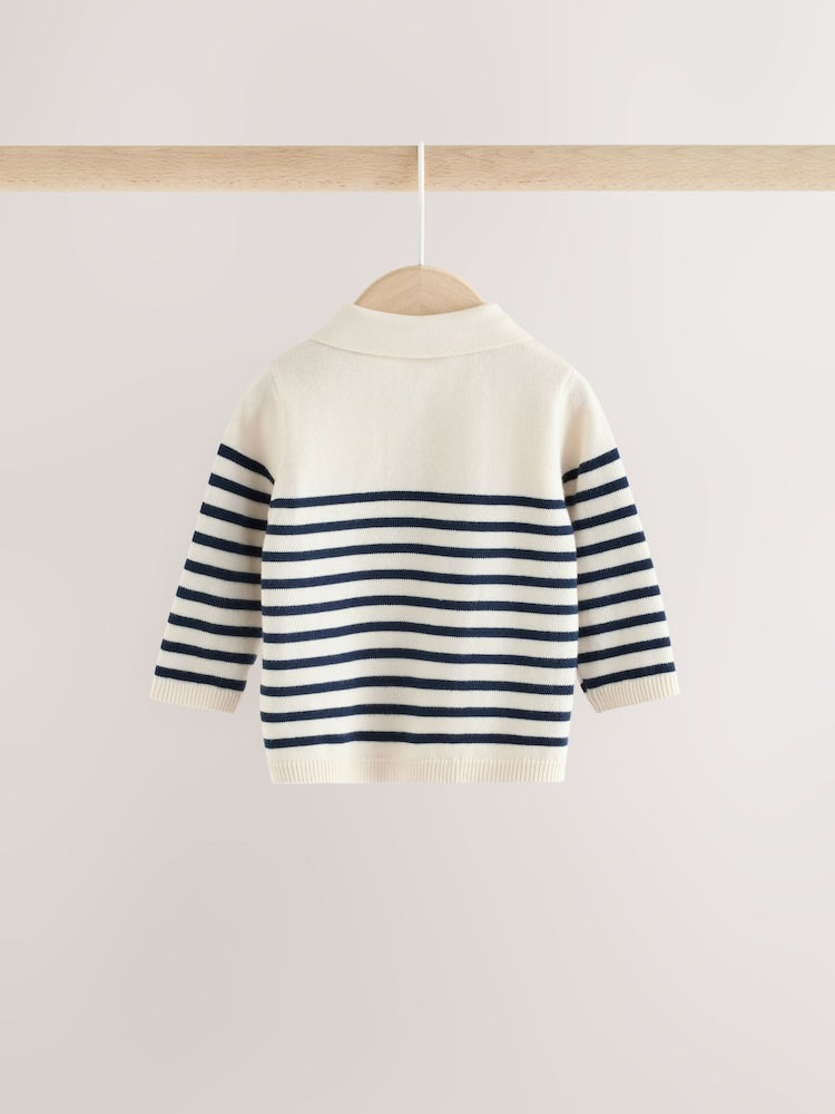Blue/Cream Stripe Baby Collared Knitted Top and Trousers Set (0mths-2yrs)
