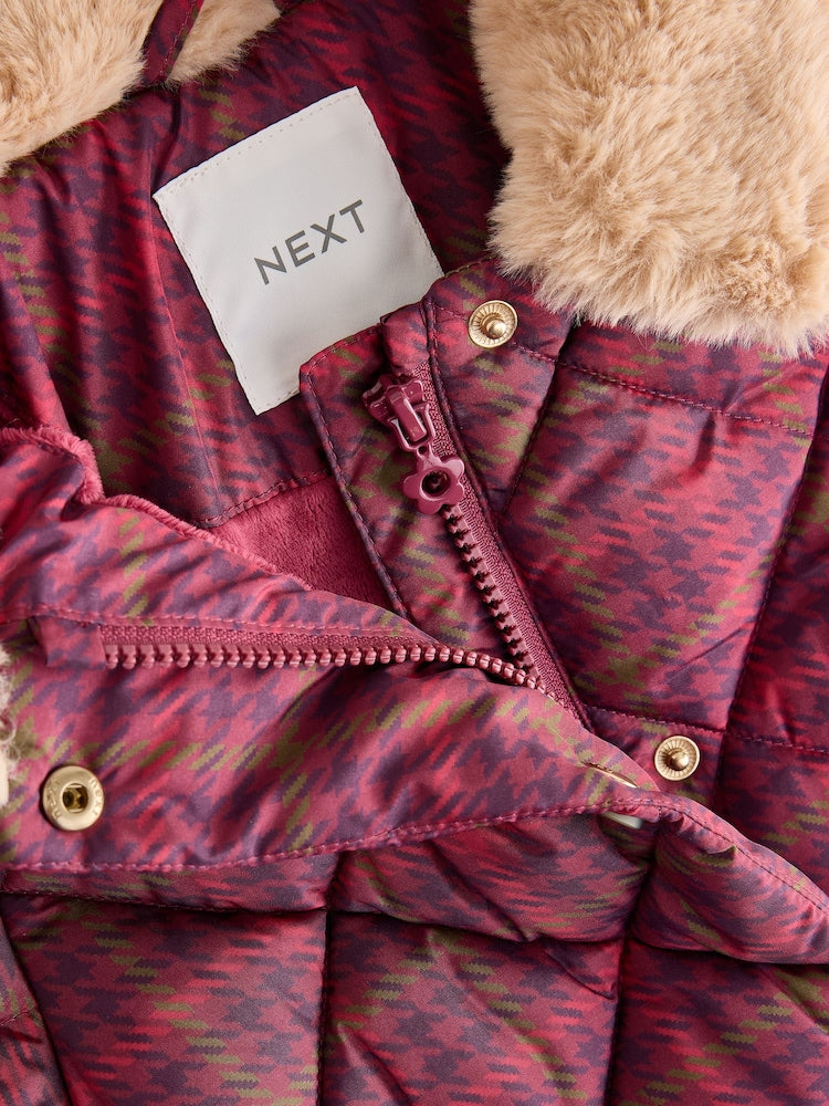 Burgundy Red Check Faux Fur Collar Shower Resistant Padded Duffle Coat (3mths-7yrs)