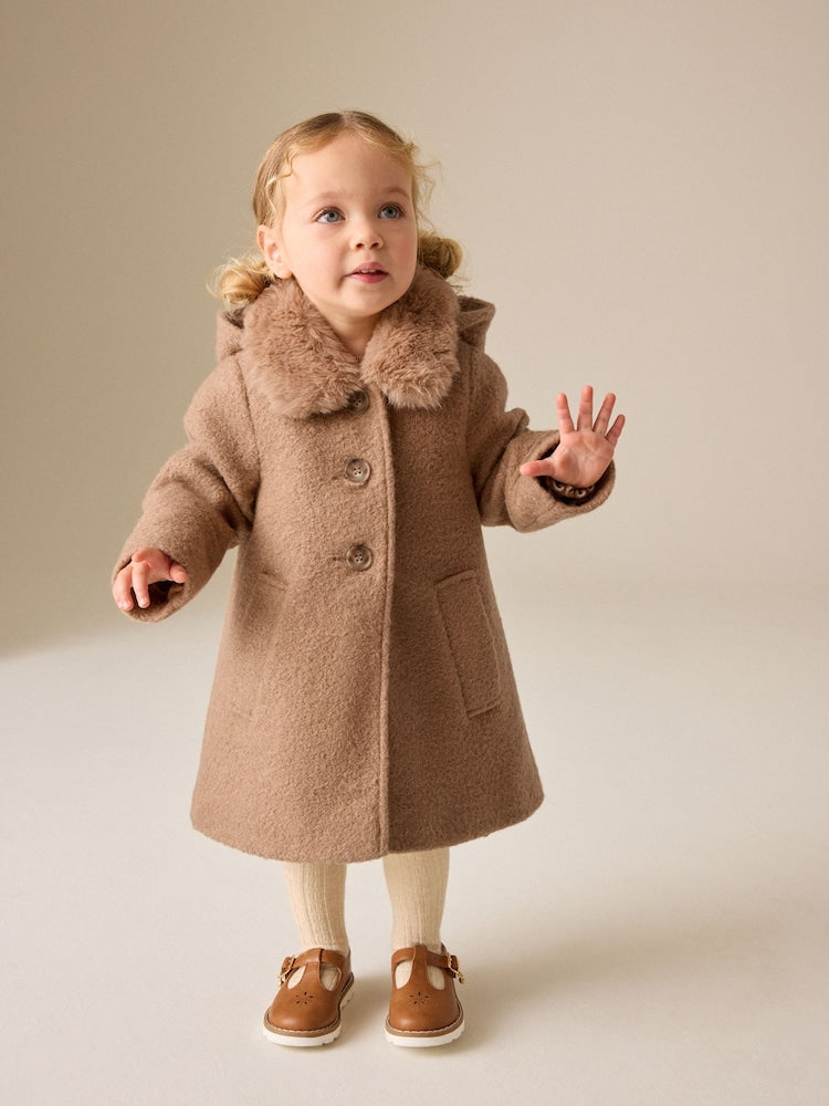 Camel Brown Faux Fur Collar Hooded Coat (3mths-7yrs) - Camel Brown / 12 - 18 Months (80 - 86cm)