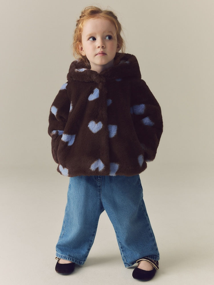 Chocolate Brown Hearts Faux Fur Hooded Coat (12mths-7yrs) - Chocolate Brown Hearts / 12-18 Months (80-86cm)