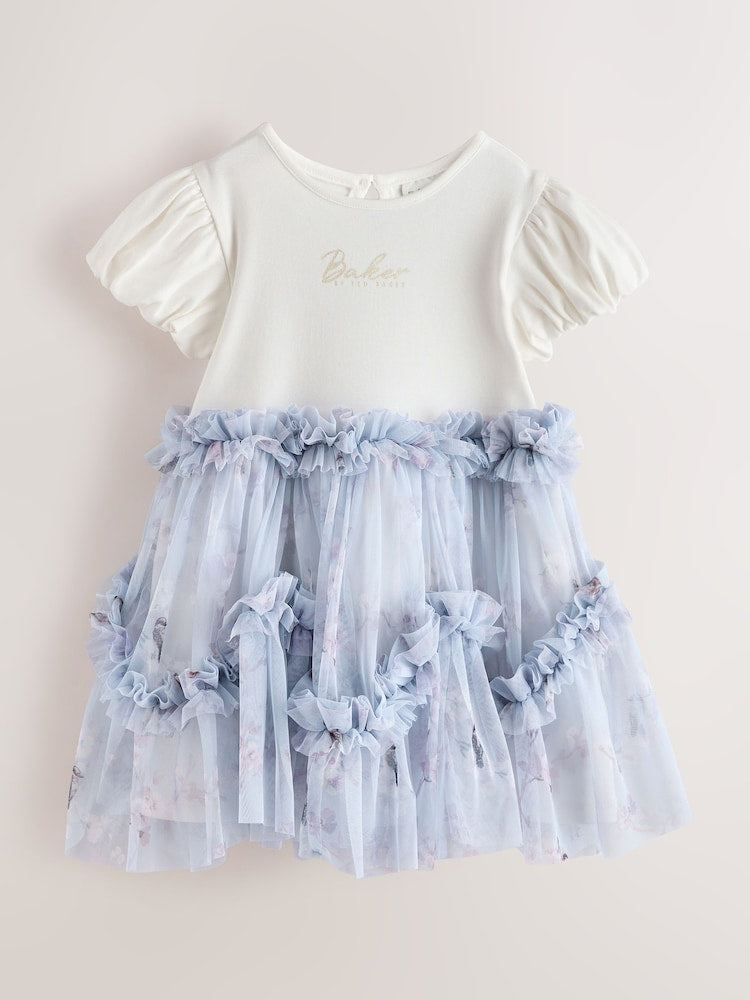 Baker by Ted Baker Pale Blue Floral Ruffle Mesh Tiered Mockable Dress