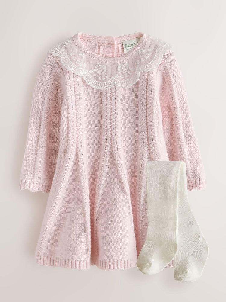 Baker by Ted Baker Pale Pink Organza Collar Knitted Dress with Tights