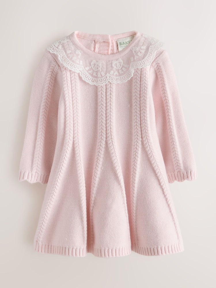 Baker by Ted Baker Pale Pink Organza Collar Knitted Dress with Tights