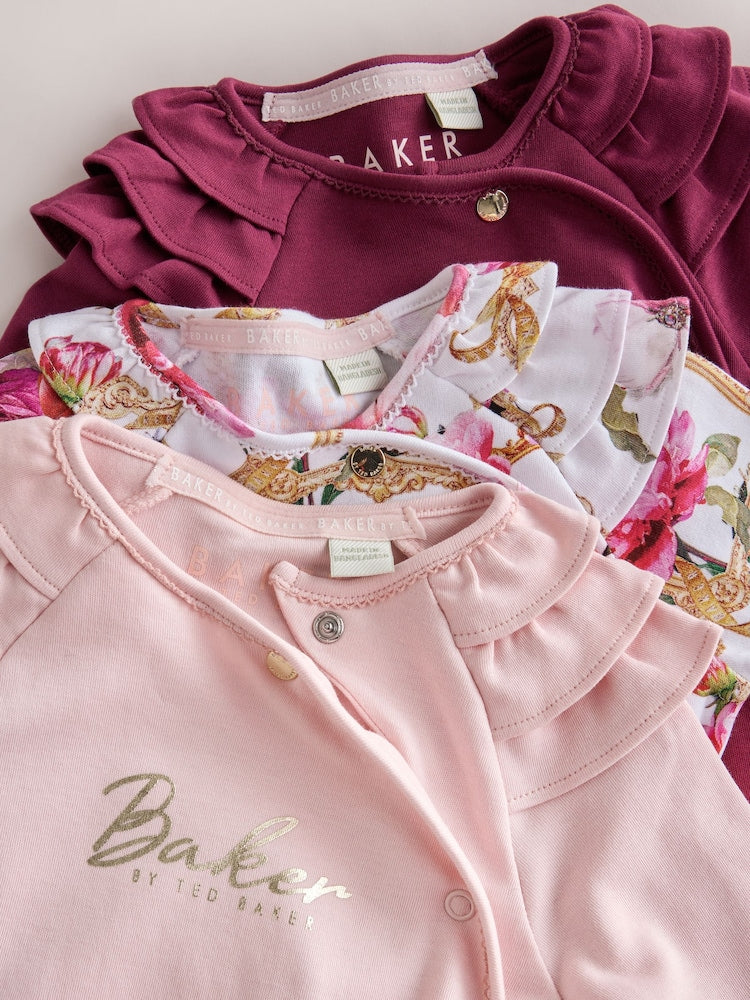 Baker by Ted Baker Burgundy Red Cotton Printed Sleepsuits 3 Pack