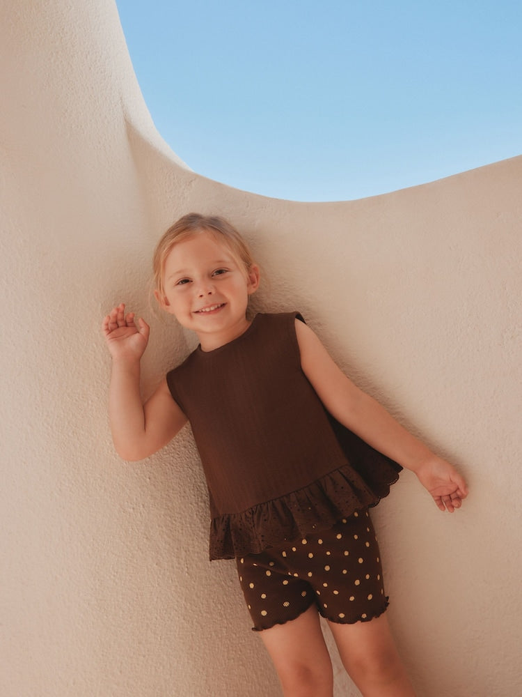 Brown Broderie Vest and Shorts Set (3mths-7yrs) - Brown Broderie Vest and / 12-18 Months (80-86cm)