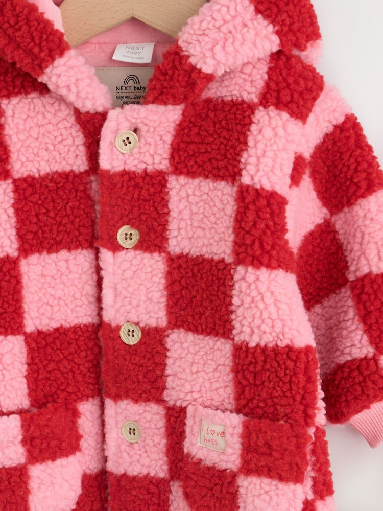 Pink and Red Checkerboard Borg Hooded Baby All-In-One (0mths-2yrs)