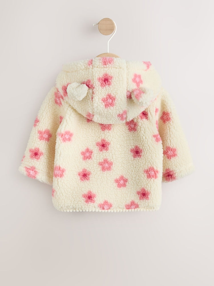 Ecru and Pink Floral Borg Hooded Baby Jacket (0mths-2yrs) - Size Up to 1 Month (56cm)