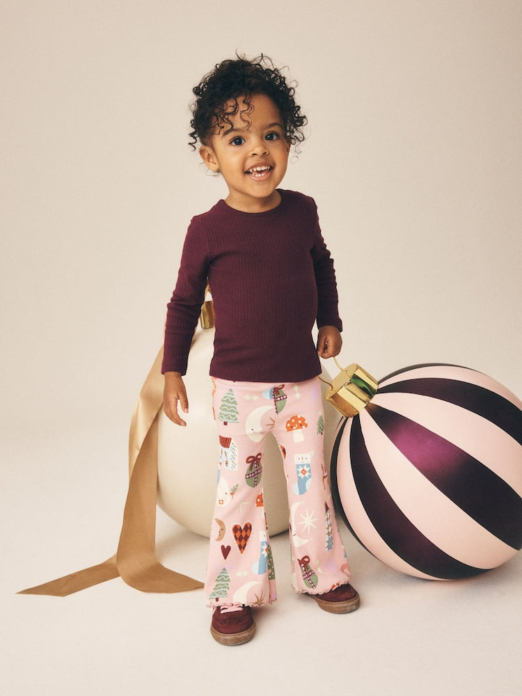 Pale Pink Christmas Ribbed Flare Leggings (3mths-7yrs)