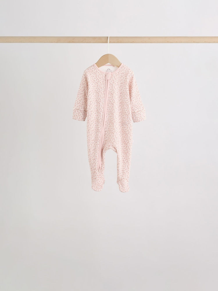 Brown Ditsy Floral 5 Pack Two Way Zip Baby Sleepsuit (0-2yrs)