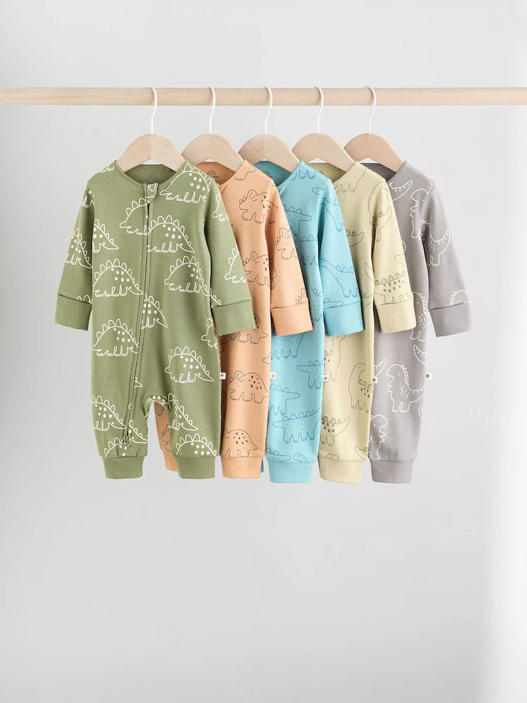 Multi Dino Two Way Zip Baby Sleepsuits 5 Pack (0mths-3yrs)