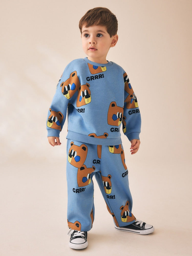 Blue All Over Print Crew Neck Sweat Top and Joggers Set (3mths-7yrs) - Blue / 12-18 Months (80-86cm)