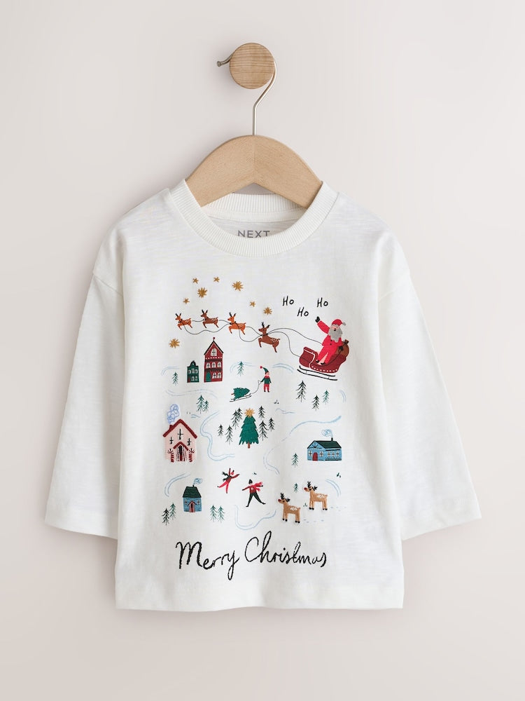 Cream/White Embroidered Scene Long Sleeve Christmas T-Shirt (3mths-7yrs)