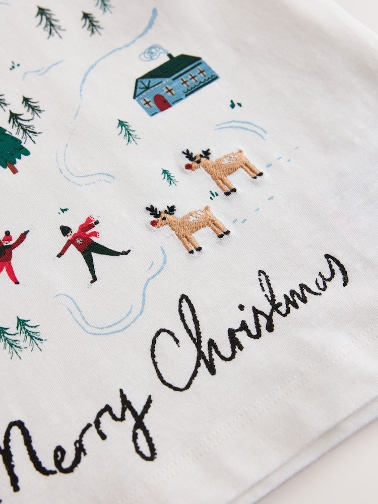 Cream/White Embroidered Scene Long Sleeve Christmas T-Shirt (3mths-7yrs)