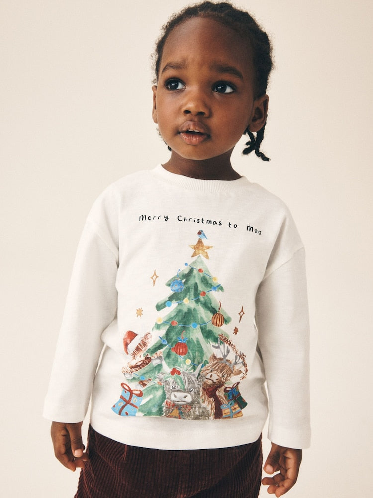 White Hamish Watercolour Long Sleeve Christmas T-Shirt (3mths-7yrs) - Long Sleeve Christmas / 12-18 Months (80-86cm)