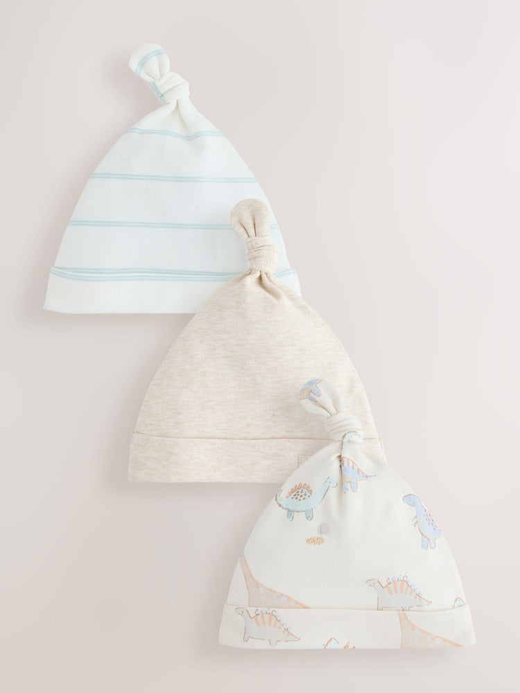 Neutral Dinosaur Tie Top Baby Hats 3 Pack (0-18mths) - Neutral Dinosaur Tie / Up to 1 Month (50-56cm)