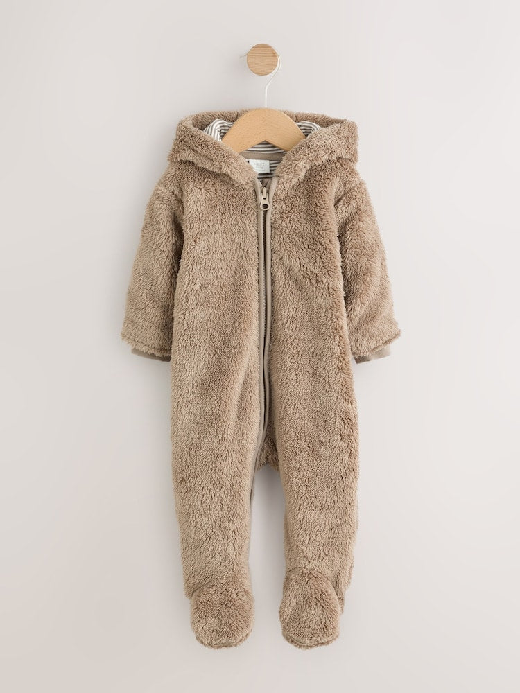 Brown Fleece Hooded Baby Pramsuit - Up to 1 Month (50-56cm)