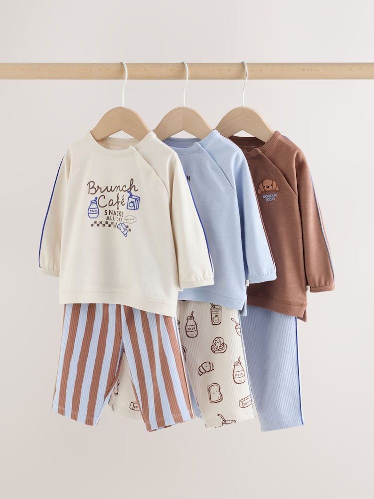 Blue/Brown Brunch Club Baby Top and Wide Leg Leggings Set 6 Piece (0mths-2yrs) - Blue/Brown Brunch Club / 12 - 18 Months (80 - 86cm)