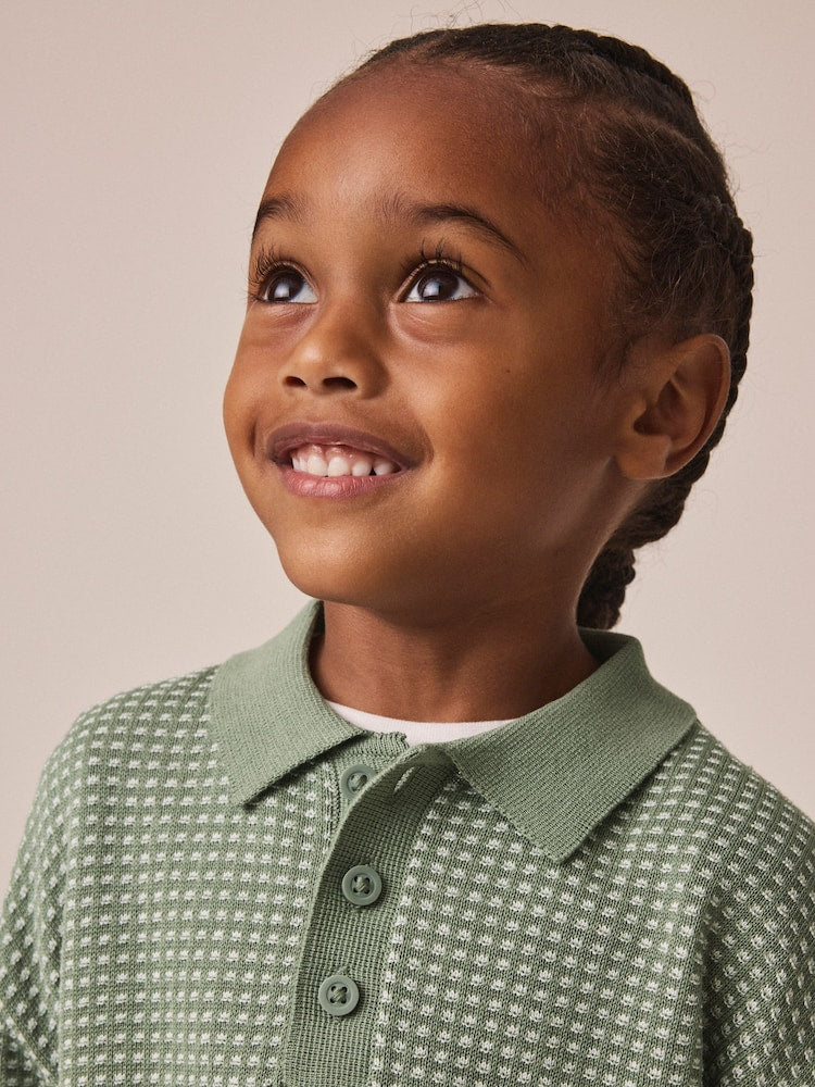 Green Textured Knitted Popper Neck Polo