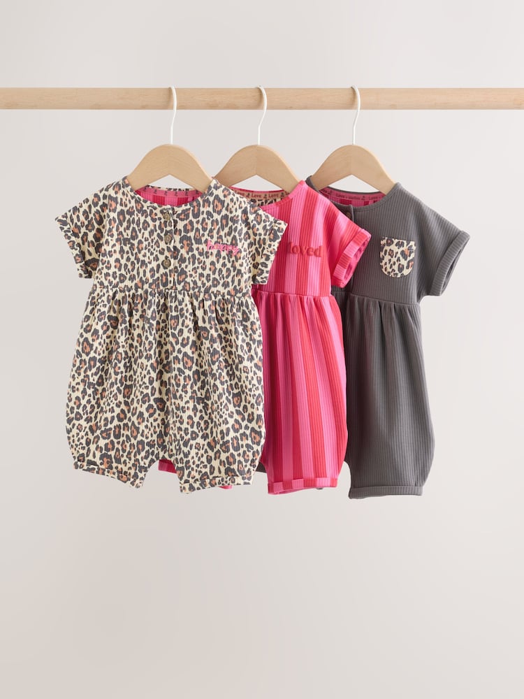 Pink and Leopard Printed Button T-Shirt Jersey Baby Rompers 3 Pack