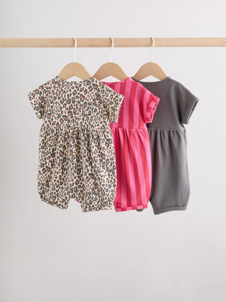 Pink and Leopard Printed Button T-Shirt Jersey Baby Rompers 3 Pack