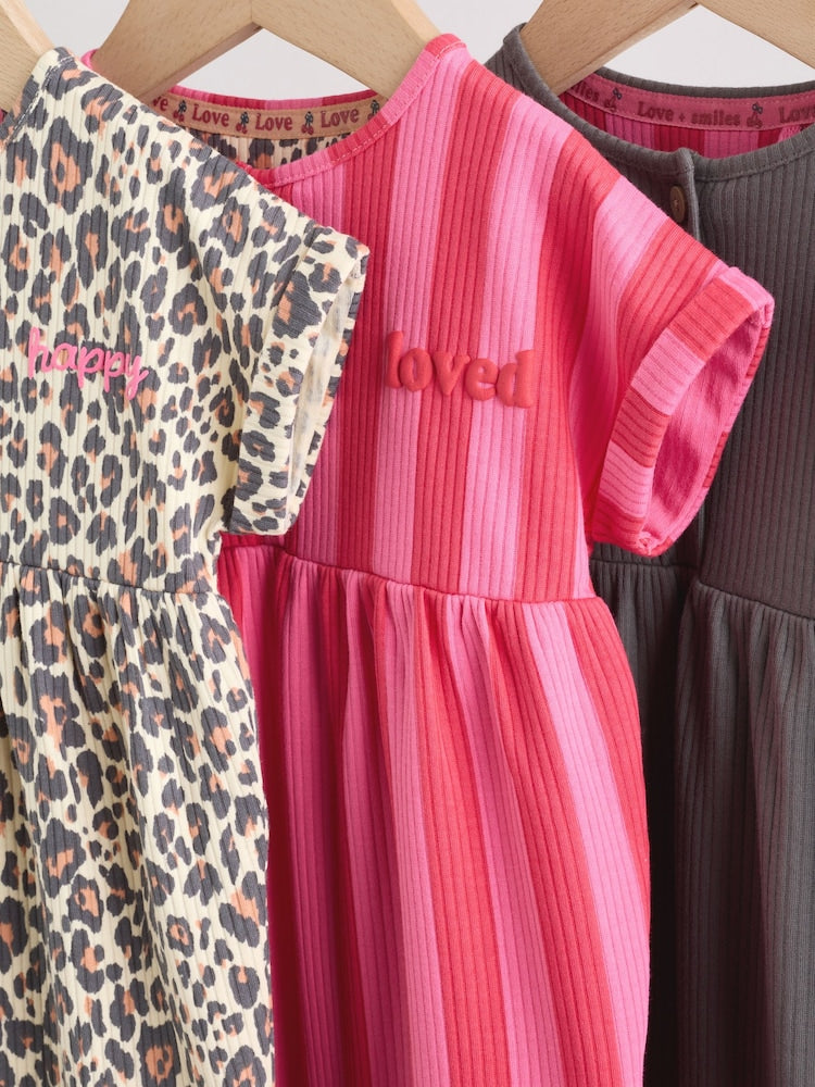 Pink and Leopard Printed Button T-Shirt Jersey Baby Rompers 3 Pack
